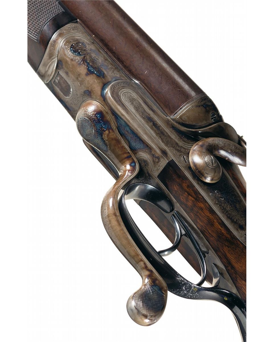 Engraved Perrins & Son 8 Bore Hammer Double Damascus Barrel Rifle with Case