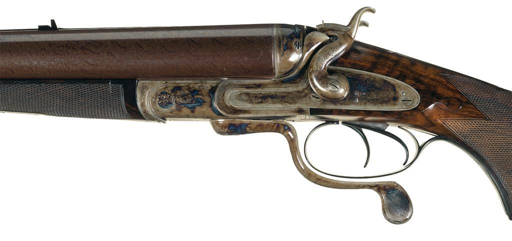 Engraved Perrins & Son 8 Bore Hammer Double Damascus Barrel Rifle with Case