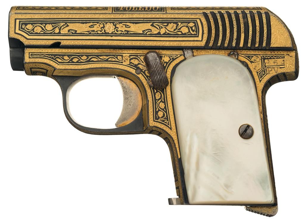 Gold Damascene Finish Spanish Pocket Pistol Pearl Grips