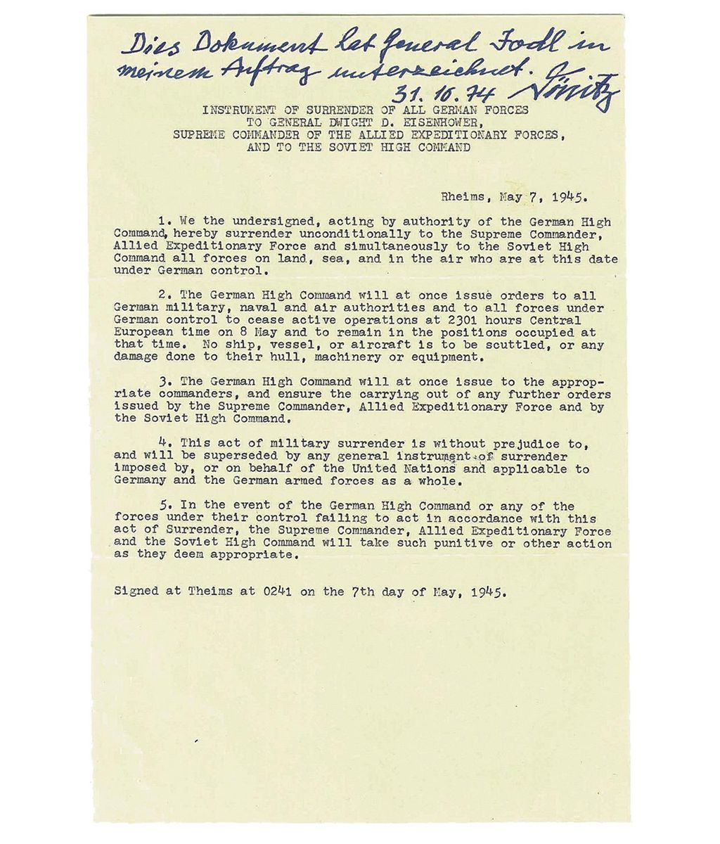 Historic Copy of the German Instrument of Surrender at Rheims, Signed ...