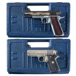 Collector's Lot of Two Colt 1911 Style Semi-Automatic Pistols with Cases -A) Gold and Silver Highlig