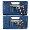Image 1 : Collector's Lot of Two Colt 1911 Style Semi-Automatic Pistols with Cases -A) Gold and Silver Highlig