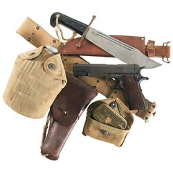 Identified World War II Colt U.S. Army Contract Model 1911A1 Pistol Rig with Web Belt, Leather Holst