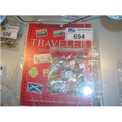 TRAVELLERS STAMP ALBUM COLLECTION FILLED WITH STAMPS AND ONE BAG OF WORLD COINS