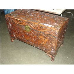 HEAVILY CARVED MAHOGANY ORIENTAL TRUNK