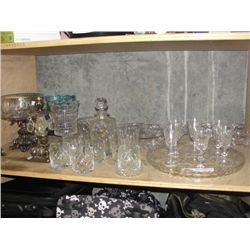 LARGE SHELF LOT OF ASSORTED CRYSTAL AND GLASSWARE
