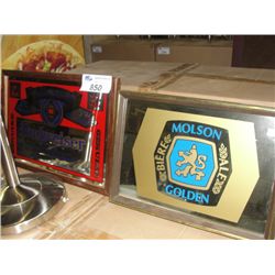 2 VINTAGE WOOD FRAMED BEER ADVERTISMENT MIRRORS - BUDWEISER AND MOLSON GOLDEN
