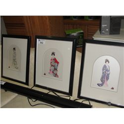 GROUP OF 3 FRAMED LIMITED EDITION SIGNED AND NUMBERED ORIENTAL LADY SILK PRINTS