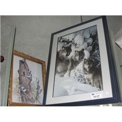 2 FRAMED WILDLIFE PRINTS - WOLFS AND BIRDS