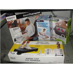 LOT OF 4 ASSORTED MASSAGE CUSHIONS, AEROBIC STEP ETC
