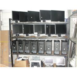 ROLLING CART FILLED WITH ASSORTED DELL COMPUTER TOWERS, MONITORS AND ASSORTED PARTS AND 2 PANASONIC