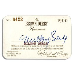 20th Century Television Superstar Milton Berle Signed ''Brown Derby Restaurants'' Club Card