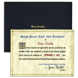 Bing Crosby's Appreciation Certificate from the Motion Picture Relief Fund in 1939