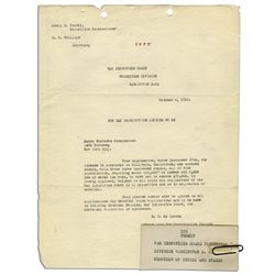 Original War Industries Board 1918 Document Approving Construction of MGM Studios in Hollywood
