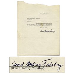 Tolstoy's Grandson, Count Andrey Tolstoy Typed Letter Signed to MGM Regarding The 1935 Film Adaptati