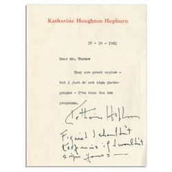 Katharine Hepburn Typed Letter Signed With Autograph Postscript