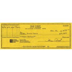 Mae West Signed Check, Dated Christmas of 1978