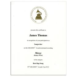Grammy Award Nomination Certificate for Kanye West's Song ''Mercy'' -- Fine