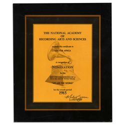 Michael Jackson's 1985 Grammy Award Nomination Certificate for His Performance in USA For Africa's H