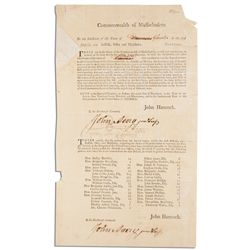 John Hancock 1792 Broadside Regarding Massachusetts -- Signed Twice by John Avery