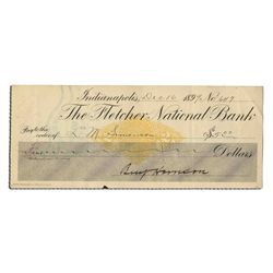 Benjamin Harrison Signed Holograph Check -- $5.00 Drawn From Fletcher's Bank