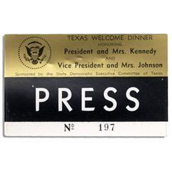 Press Badge for JFK's Texas Welcome Dinner Scheduled for 22 November 1963