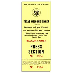 JFK ''Texas Welcome Dinner'' Press Ticket -- Cancelled Due to Assassination
