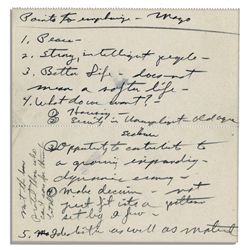 Richard Nixon Handwritten Notes -- ''...Points to emphasize...1. Peace - / 2. strong, intelligent pe