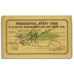 Harry Truman Signed U.S Naval Base Presidential Pass