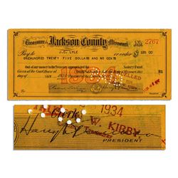 Harry S. Truman Signed Check as Treasurer of Jackson County, Missouri in 1934