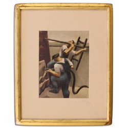 Thomas Hart Benton Oil Painting on Paper -- ''Construction Workers'' -- Circa 1923