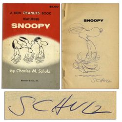 Charles Schulz Hand Drawn Sketch of Snoopy Signed in ''A New Peanuts Book Featuring Snoopy'' -- Firs