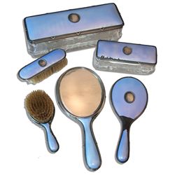 Luxurious Silver And Sky Blue Guilloche Enamel Dressing Set Marked Faberge, With The Workmaster's Ma