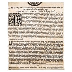 English Civil War Broadside Issued by Oliver Cromwell's Parliament  Announcing a Day of Thanksgiving