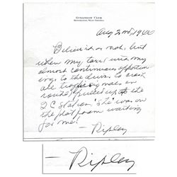 Rare Handwritten Letter Signed by ''Believe It or Not!'' Robert Ripley -- ''...Believe it or not, bu