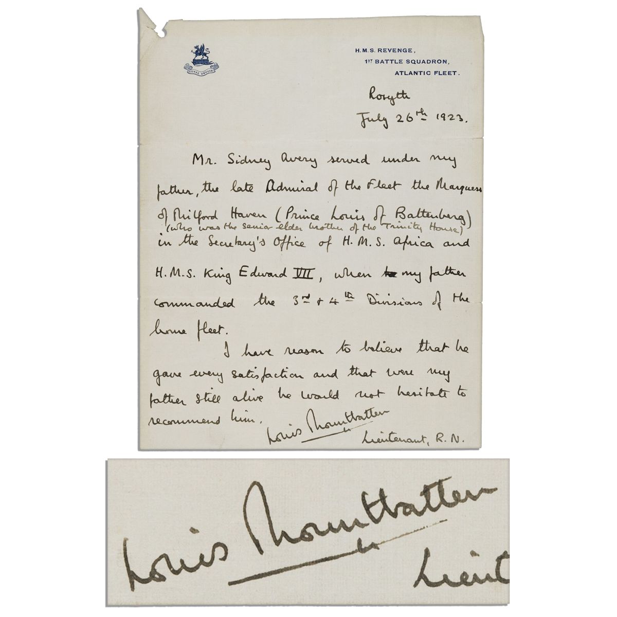 Lord Louis Mountbatten Of Burma Autograph Letter Signed