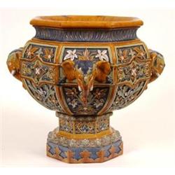 A Doulton Lambeth Majolica Indian Pattern Jardinière on Stand, the hexagonal body decorated flowe...