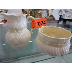 Belleek creamer and sugar, luster interior