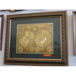 Framed and matted gold foil map
