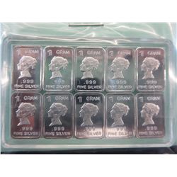 10 x .999 solid silver Queen Elizabeth bars