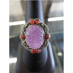 Pink quartz & coral ring, oval pink quartz