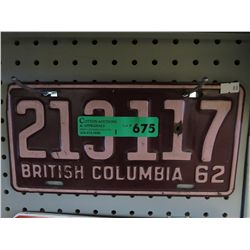 1 x 1962 BC license plates