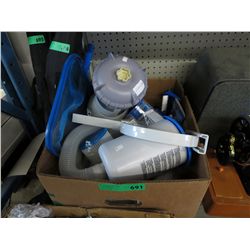 Box of assorted pool pumps, hoses and filters