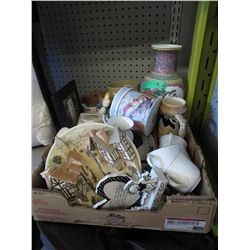 Box of decorative items and pottery