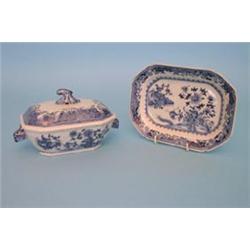 A Chinese blue and white porcelain sauce tureen cover and stand, painted with peonies, birds and...