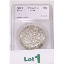 1879-S $ 1  U.S MORGAN SILVER DOLLAR  GRADED  AU 50 . SEGS