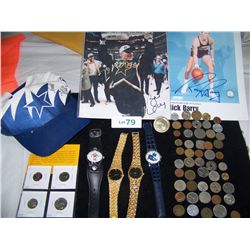 MULTI-PIECE ASSORTED COLLECTIBLE LOT, INCLUDING PROOF COINS, (50)  COINS, WATCHES & SIGNED SPORTS