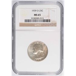 1939 D WASHINGTON QUARTER NGC MS65 MOSTLY WHITE