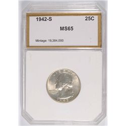 1942-S WASHINGTON QUARTER, PCI MS-65 VERY NICE