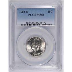 1953-S WASHINGTON  QUARTER, PCGS MS-66 SUPERB WHITE